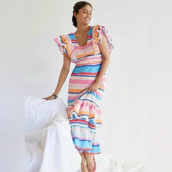Plenty by Tracy Reese | Dresses | Anthropologie Plenty By Tracy Reese  Ruffled Rainbow Stripe Midi Dress Sz Xs Nwt | Poshmark